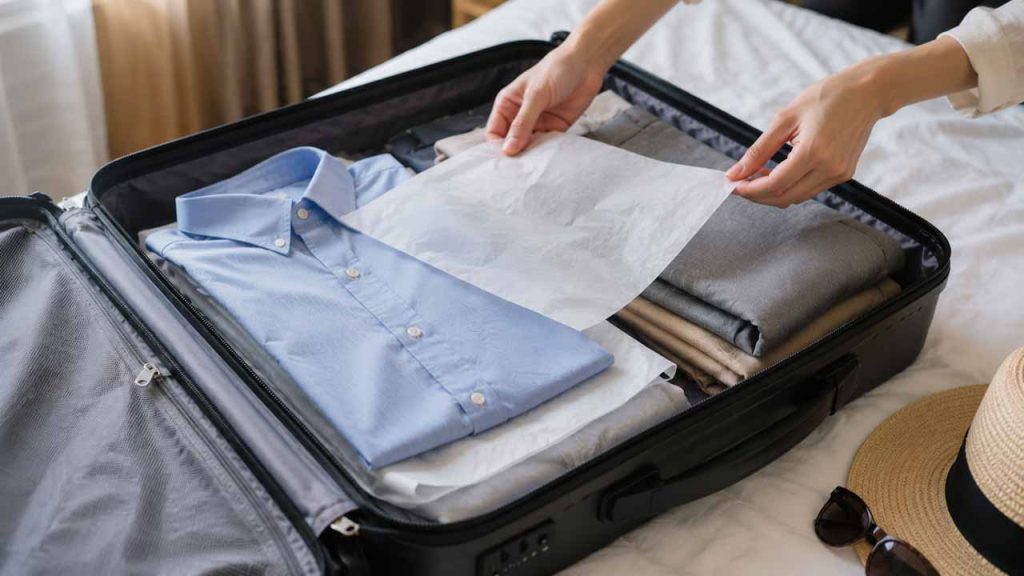 Đặt giấy mỏng giữa các lớp quần áo để hạn chế nhăn trong vali