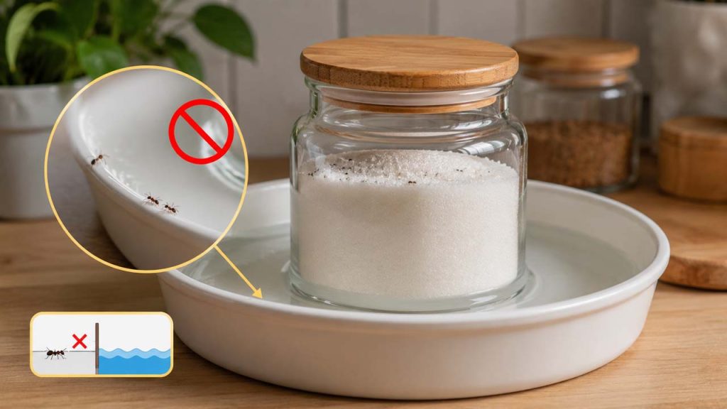 Hũ đường đặt trong khay nước tạo hàng rào ngăn kiến bò vào