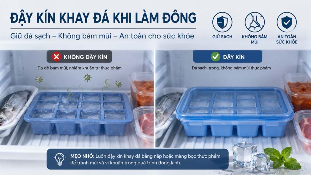Đậy kín khay đá giúp giữ đá sạch và không ám mùi
