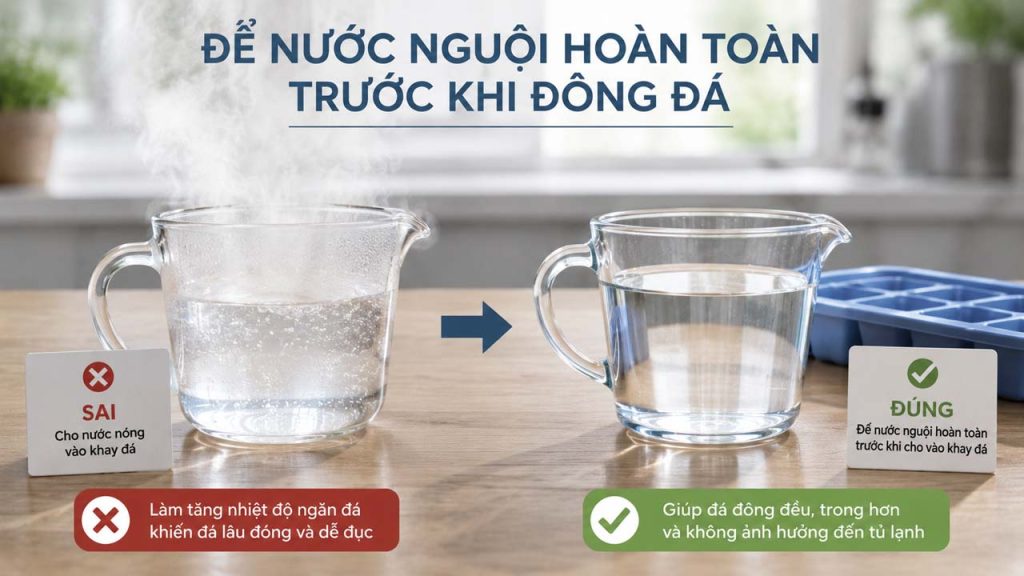 Để nước nguội hoàn toàn trước khi làm đá viên