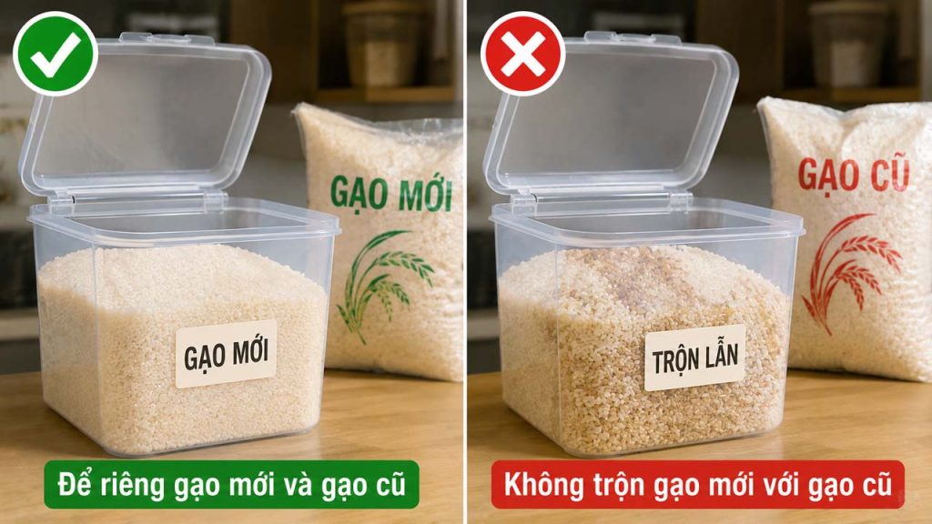 Để riêng gạo mới và gạo cũ nhằm hạn chế mọt gạo và giữ chất lượng gạo tốt hơn