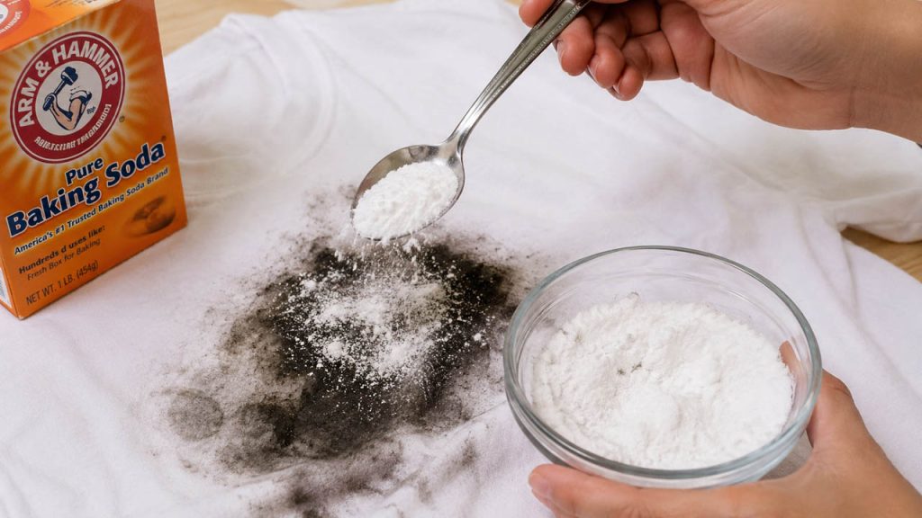Rắc baking soda lên áo bị dính dầu nhớt để hút dầu hiệu quả
