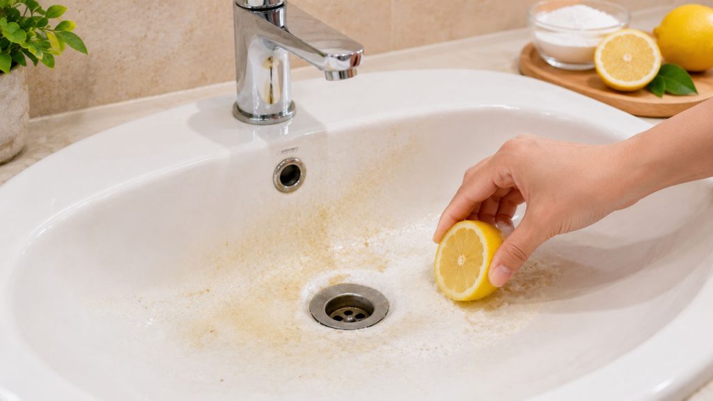 Dùng chanh tươi để làm sạch vết ố vàng trên bồn rửa mặt