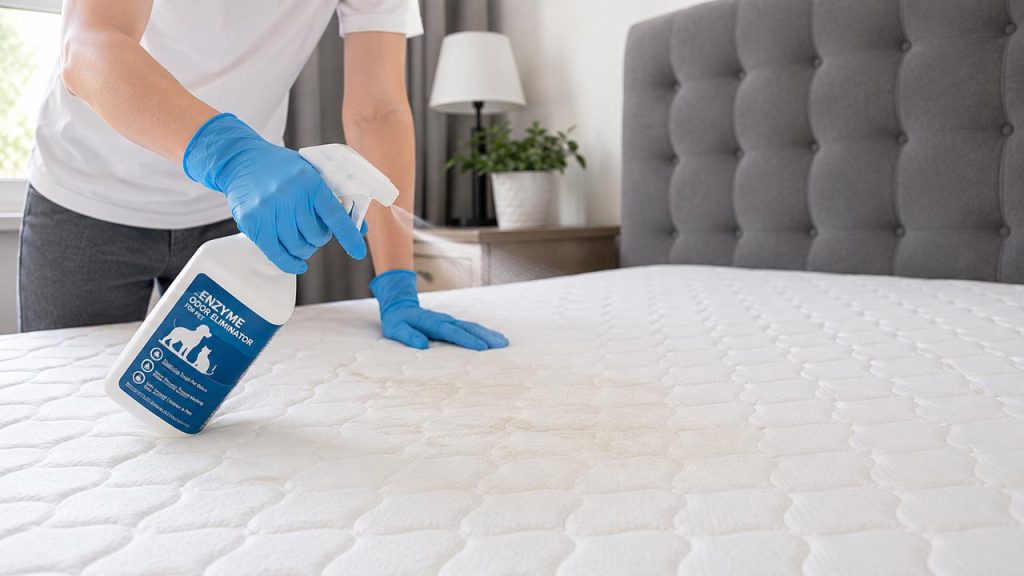 Xịt dung dịch khử mùi chuyên dụng lên nệm để loại bỏ mùi nước tiểu