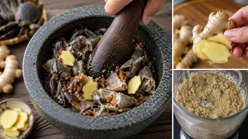Sử dụng gừng tươi giúp khử mùi tanh cua đồng khi xay