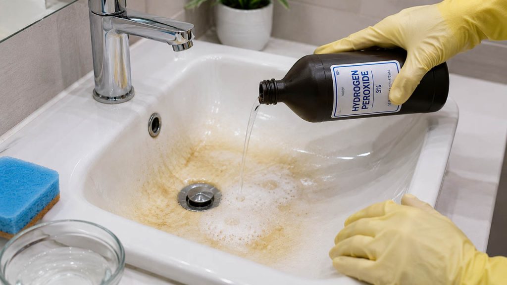 Hydrogen peroxide giúp tẩy vết ố vàng cứng đầu trên bồn rửa mặt