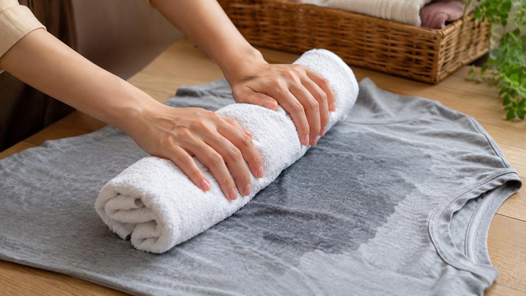 Dùng khăn bông khô thấm bớt nước trên quần áo