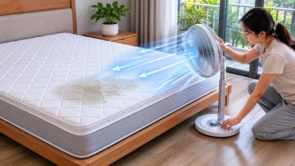 Dùng quạt thổi vào nệm để đẩy nhanh quá trình làm khô sau khi vệ sinh