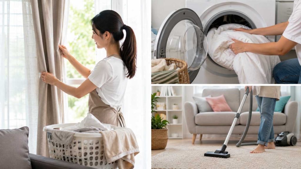 Giặt rèm cửa chăn ga và thảm định kỳ giúp giữ nhà thơm sạch