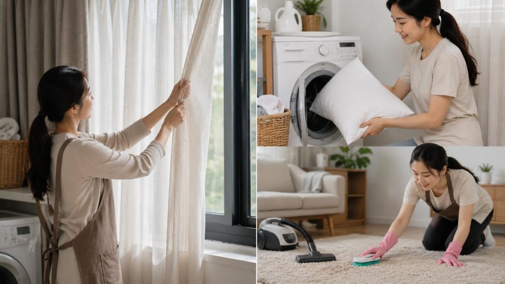 Giặt rèm cửa, thảm và vỏ gối định kỳ giúp loại bỏ bụi và mùi hôi