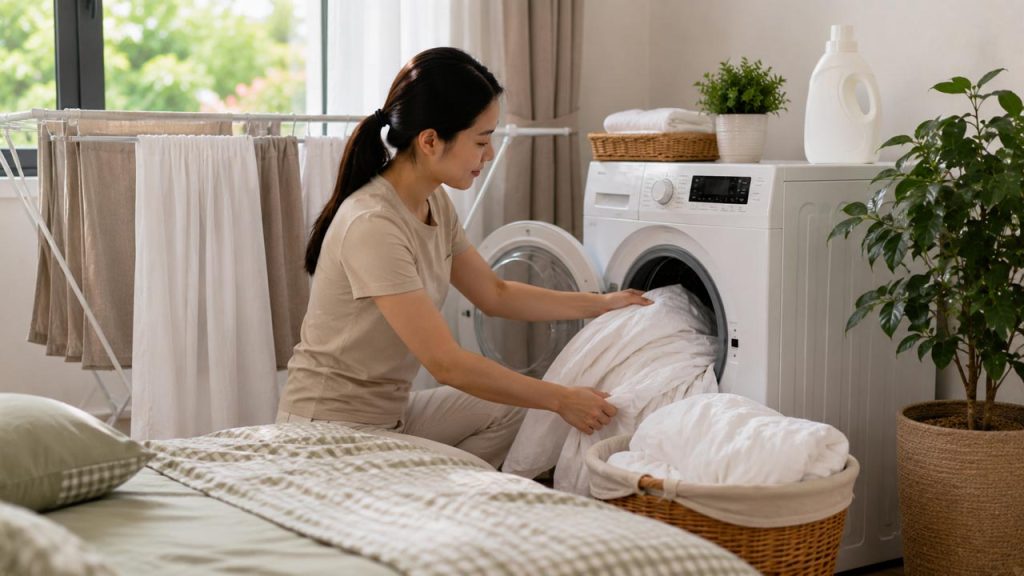 Giặt rèm cửa và chăn ga định kỳ để giảm mùi khói nhang