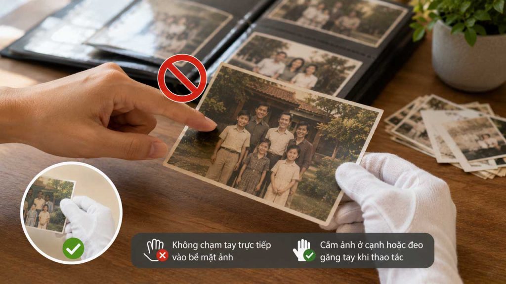 Hạn chế chạm tay trực tiếp vào bề mặt ảnh để tránh làm hỏng ảnh gia đình