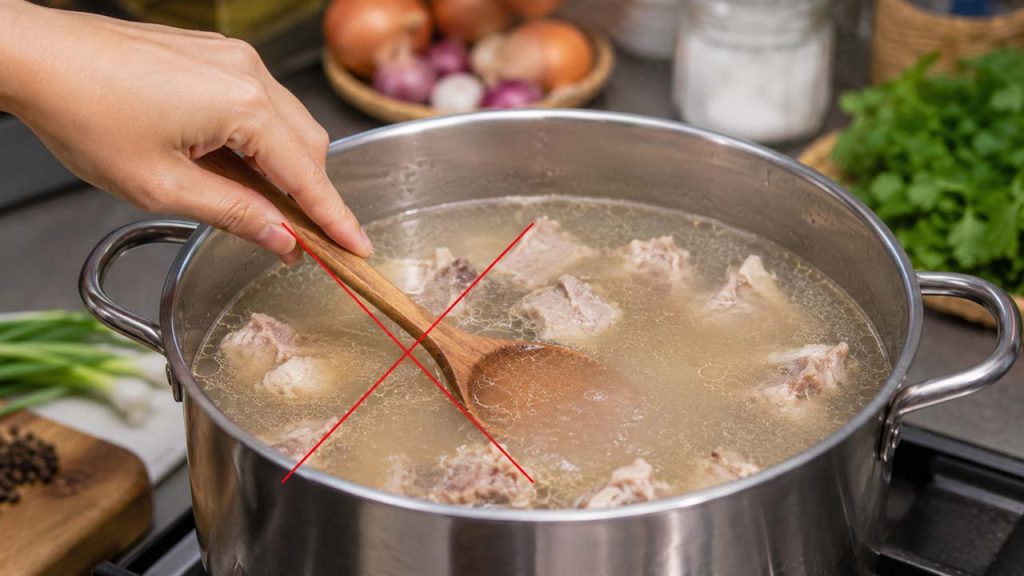 Không khuấy nhiều khi hầm nước dùng xương