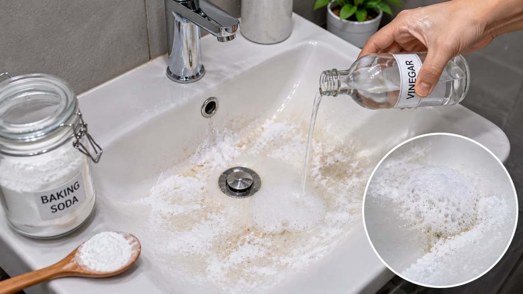 Kết hợp giấm trắng và baking soda để làm sạch bồn rửa mặt bị ố vàng