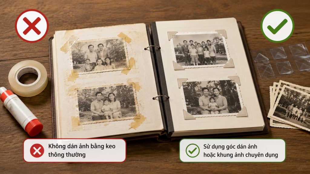 Không dán ảnh bằng keo thông thường để tránh làm hỏng ảnh