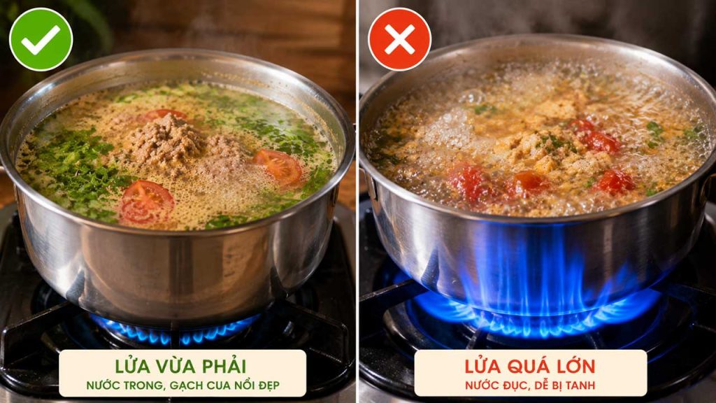 Không đun lửa quá lớn để hạn chế mùi tanh cua đồng