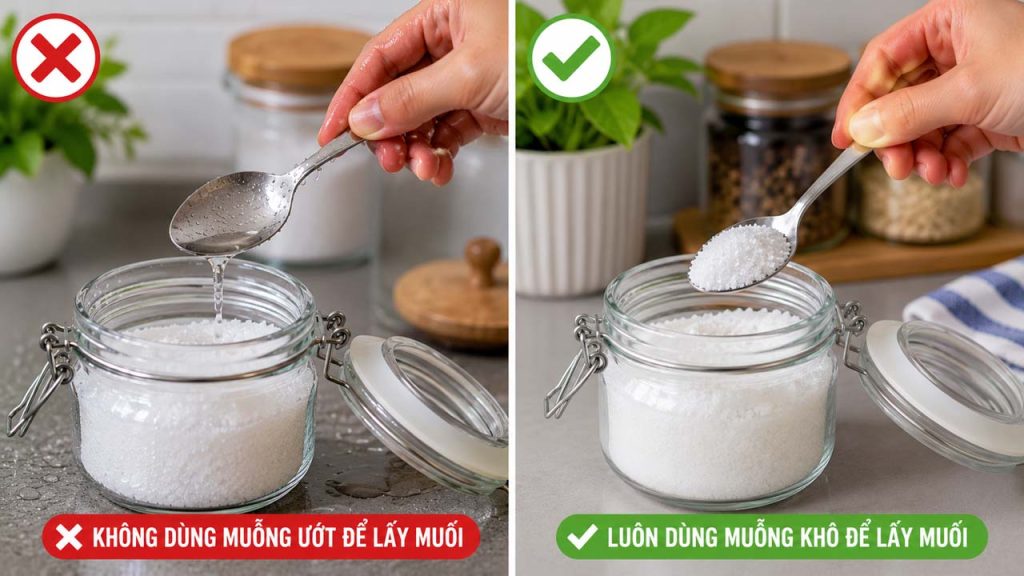 Không dùng muỗng ướt để lấy muối nhằm tránh muối bị vón cục