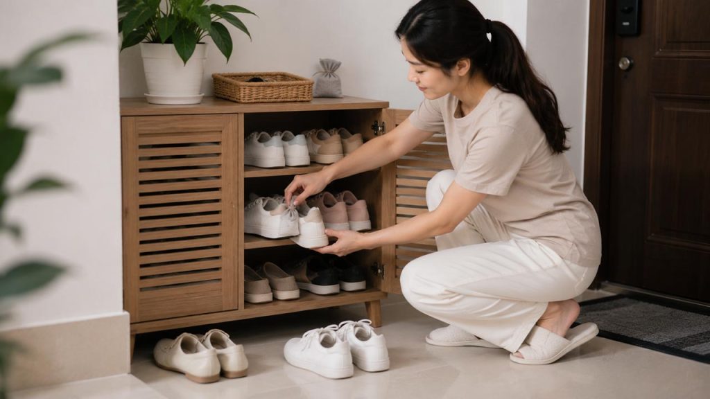 Khử mùi giày dép ở khu vực cửa ra vào giúp hạn chế mùi hôi trong nhà