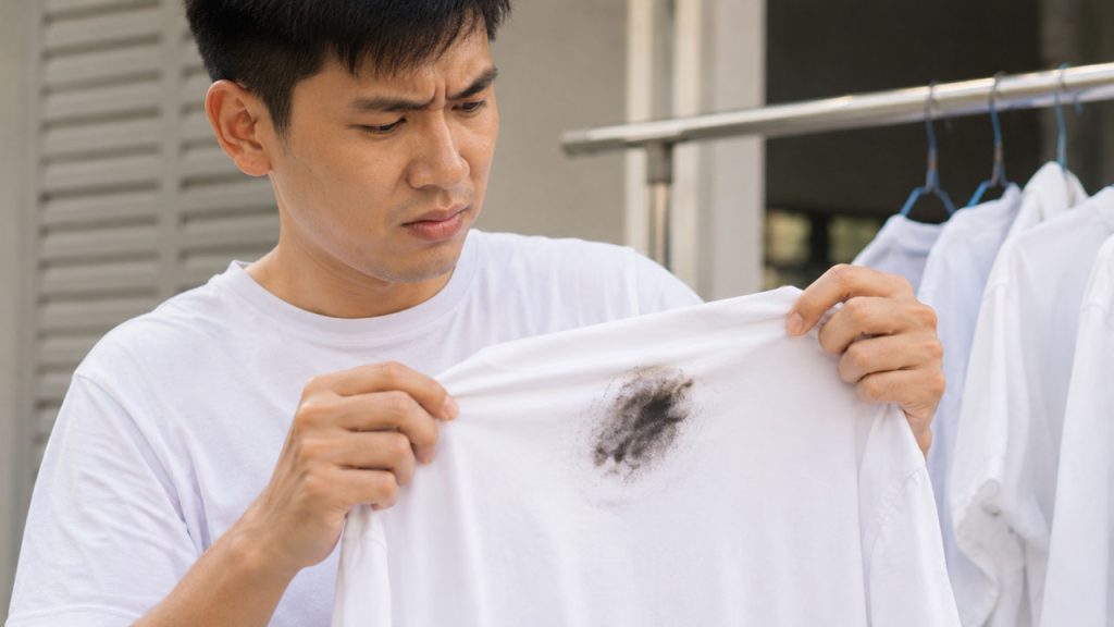Kiểm tra vết dầu nhớt trên áo trước khi phơi hoặc sấy khô