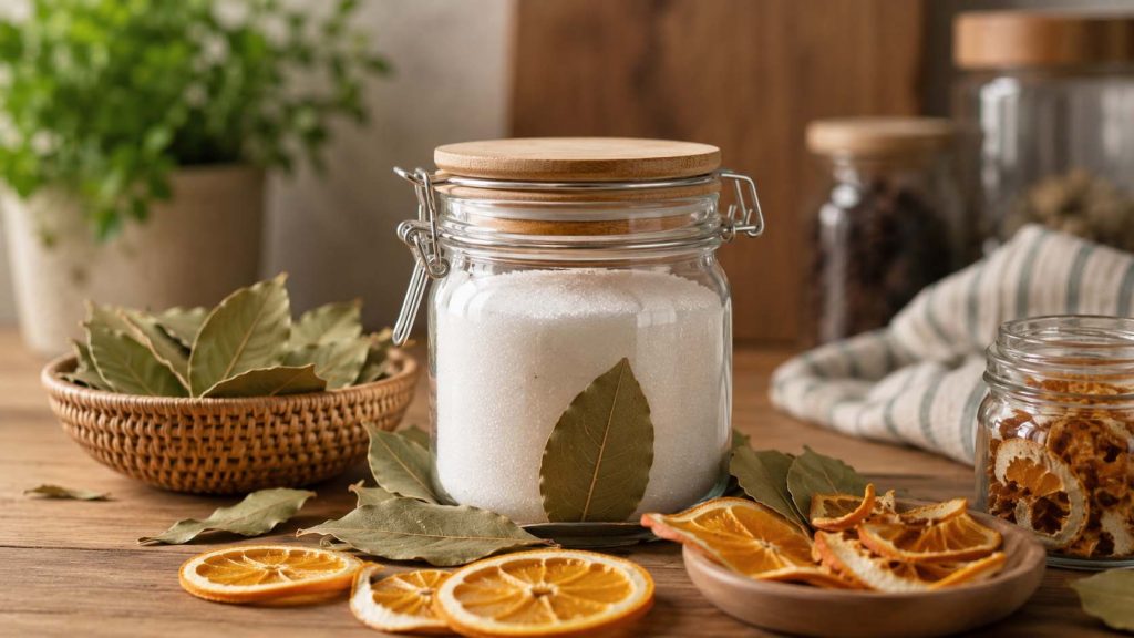 Hũ đường đặt cạnh lá nguyệt quế và vỏ cam khô để đuổi kiến tự nhiên