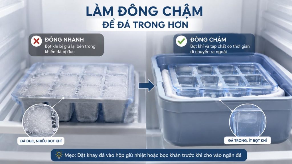 Làm đông chậm giúp đá viên trong suốt và ít bọt khí