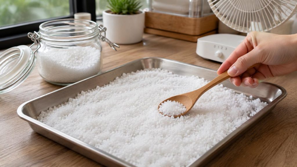Làm khô muối khi có dấu hiệu ẩm để tránh bị vón cục