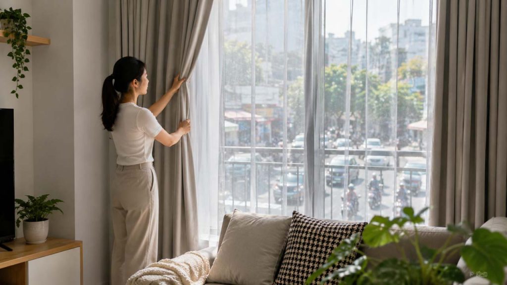 Lắp rèm cửa chống bụi giúp hạn chế bụi bay vào nhà