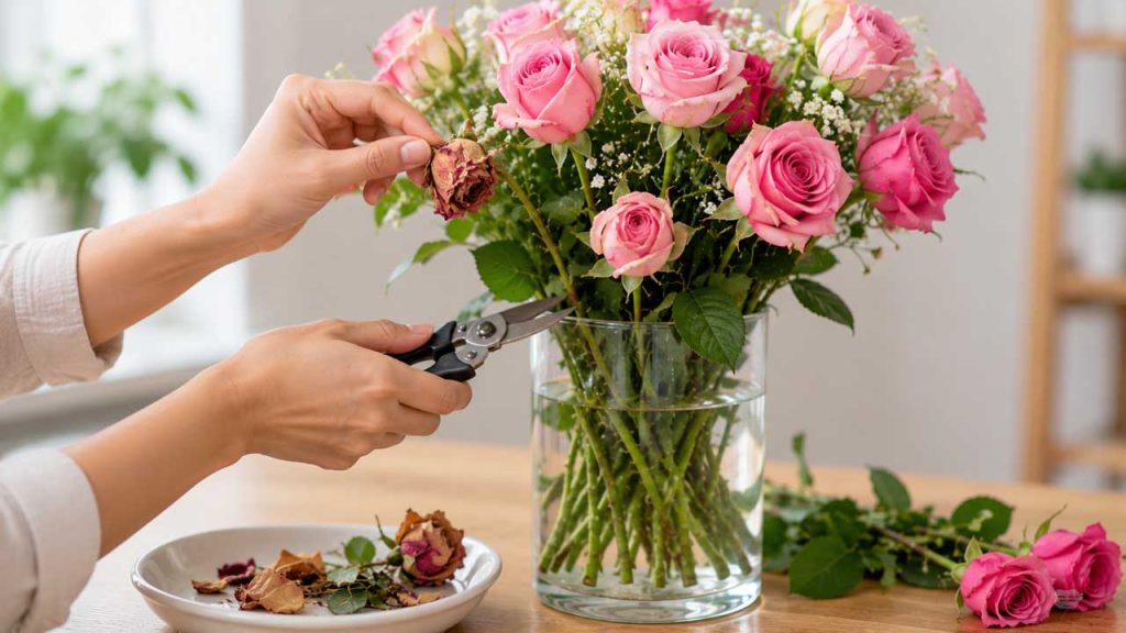 Người đang nhặt bỏ những bông hoa héo khỏi bình hoa