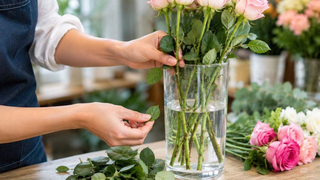 Người đang tỉa bỏ những chiếc lá nằm dưới mực nước trong bình hoa
