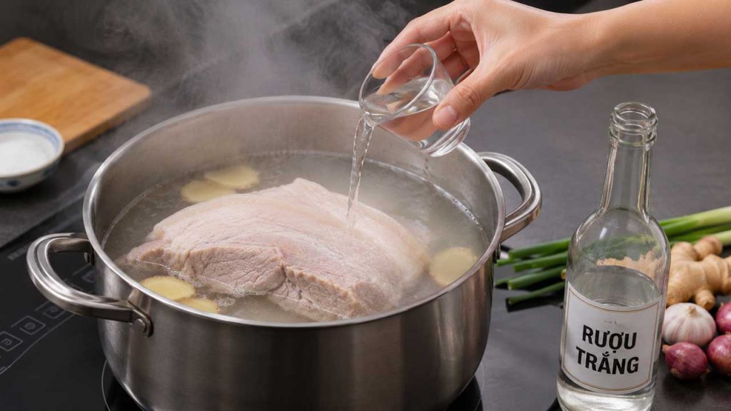 Cho rượu trắng vào nồi luộc thịt heo để khử mùi hôi