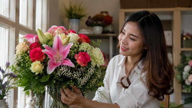 Mẹo giữ hoa tươi lâu đơn giản tại nhà: Một người ngắm nhìn bình hoa tươi đẹp được chăm sóc đúng cách giúp hoa tươi lâu hơn