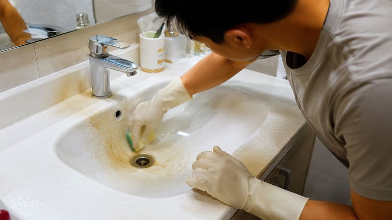 Mẹo làm sạch bồn rửa mặt bị ố vàng bằng cách chà rửa bề mặt bồn sứ