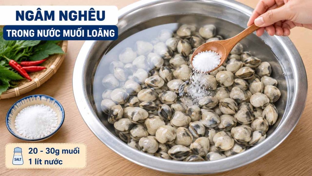 Ngâm nghêu trong nước muối loãng giúp nghêu nhả cát hiệu quả