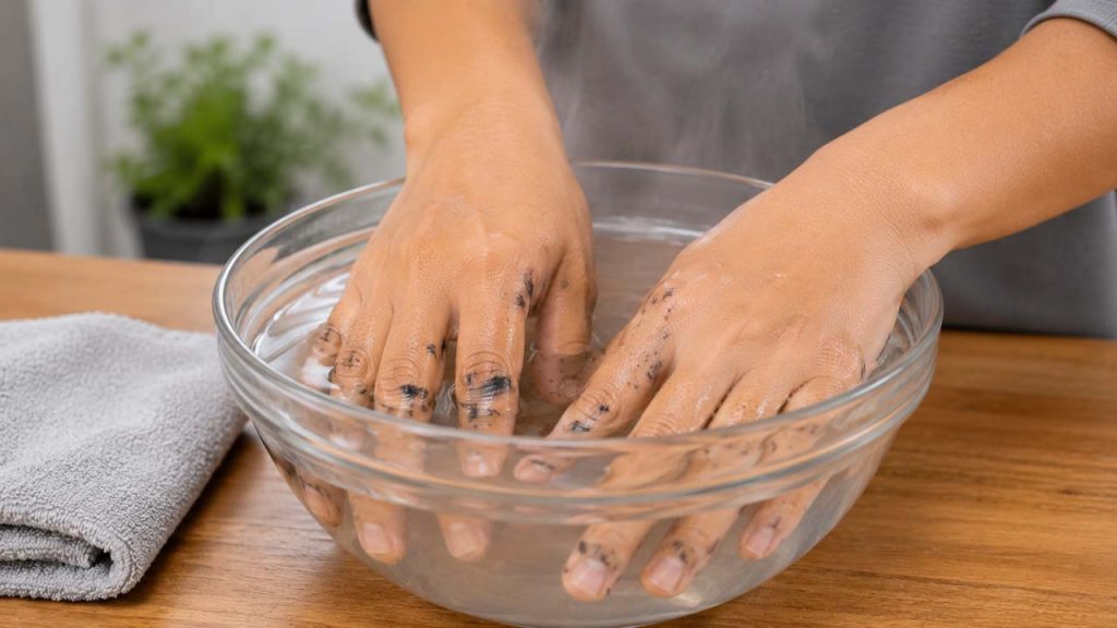Ngâm tay trong nước ấm trước khi làm sạch sơn