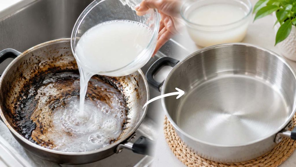 Ngâm nồi chảo bằng nước vo gạo để làm sạch vết bẩn