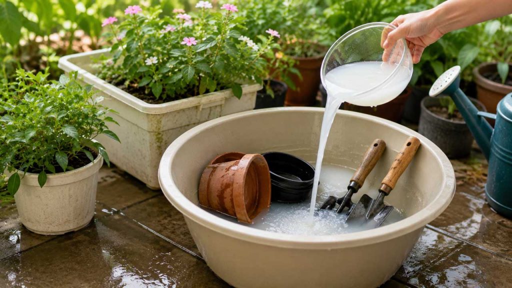 Ngâm chậu cây và dụng cụ làm vườn bằng nước vo gạo