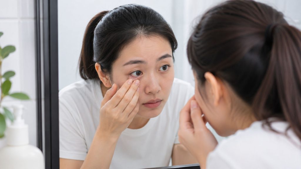 Kiểm tra mắt trong gương khi còn cảm giác cộm sau khi bị bụi bay vào mắt