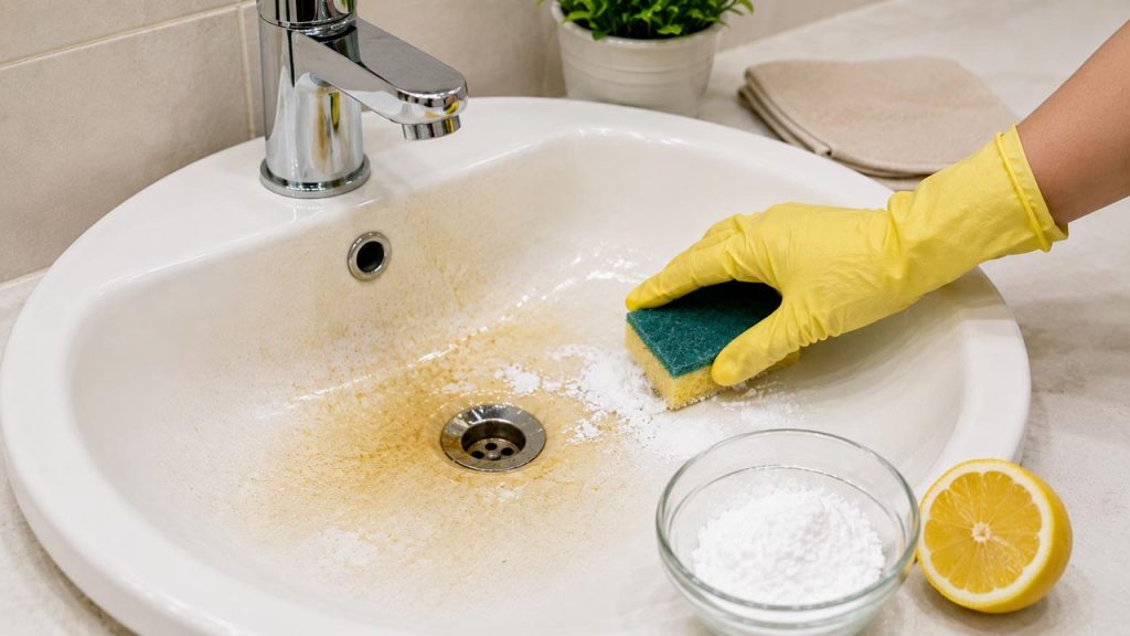 Sử dụng baking soda để tẩy vết ố vàng trên bồn rửa mặt