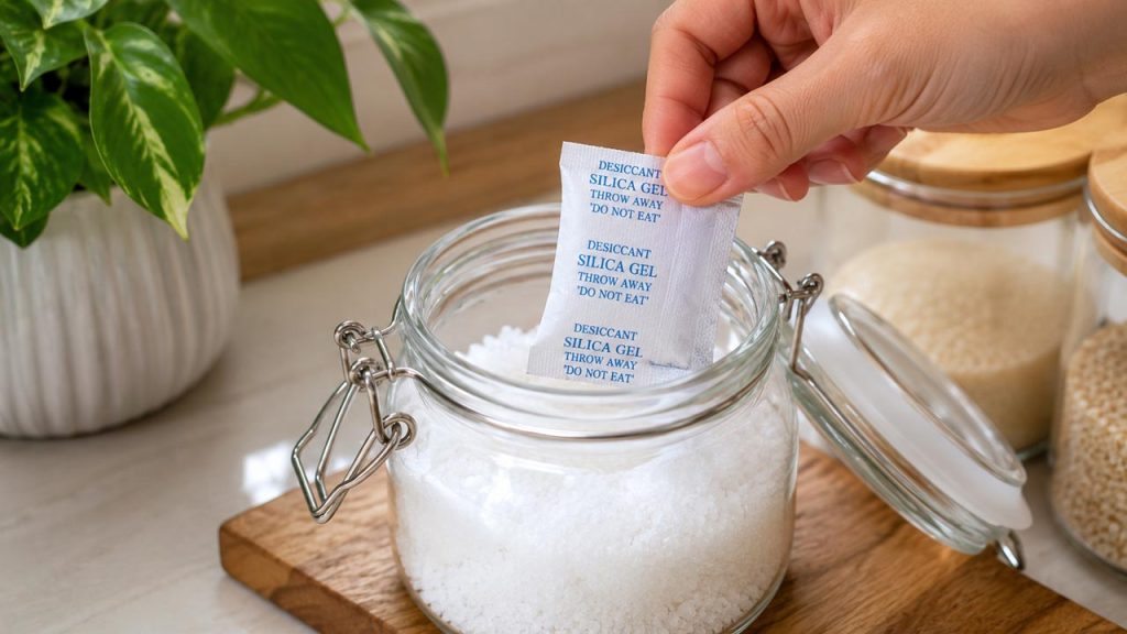 Sử dụng gói hút ẩm thực phẩm để bảo quản muối không bị vón cục
