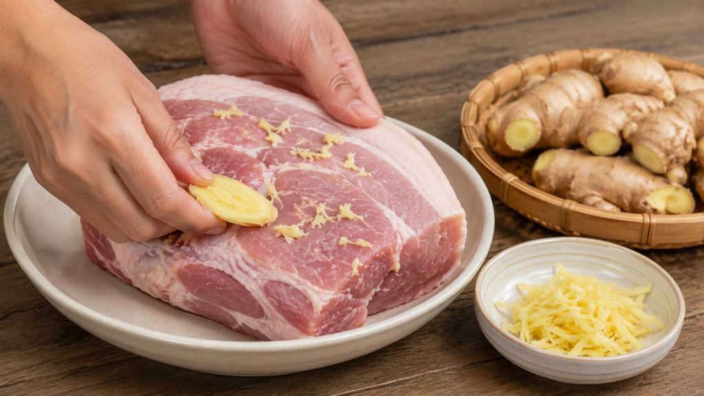 Dùng gừng tươi khử mùi tanh thịt heo trước khi luộc
