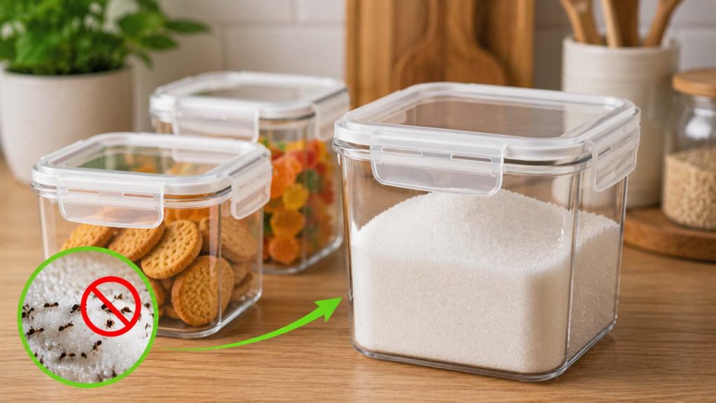 Hộp đựng kín nắp chứa đường và bánh kẹo giúp ngăn kiến xâm nhập