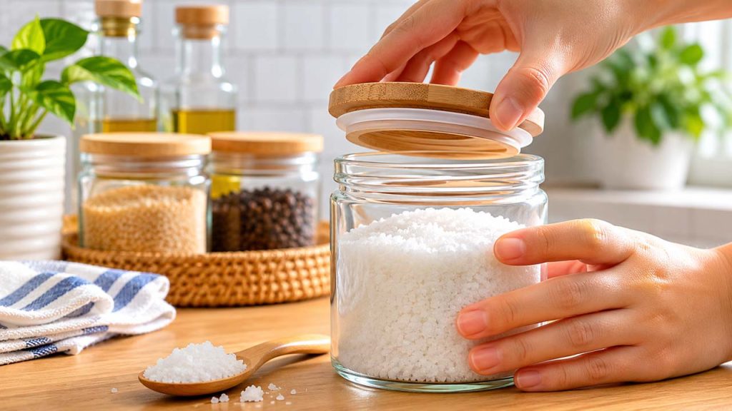Sử dụng hũ đựng kín nắp giúp ngăn muối bị vón cục