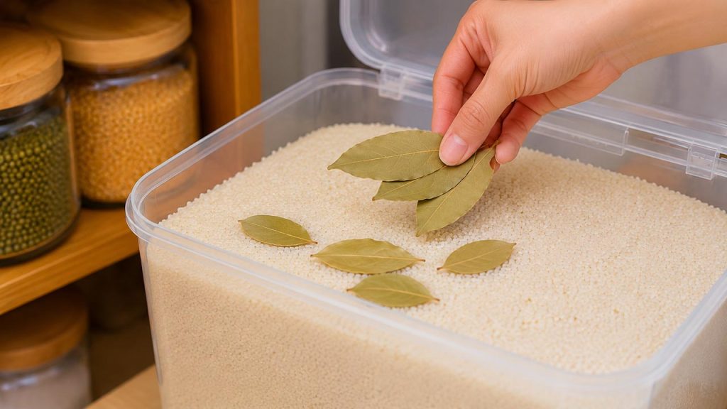 Lá nguyệt quế khô đặt trong thùng gạo giúp chống mọt