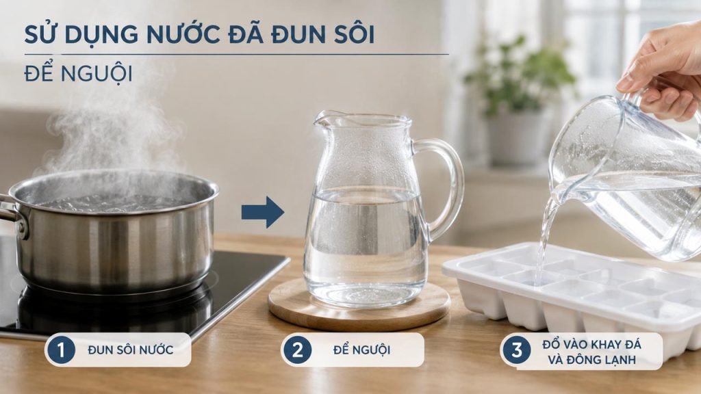 Sử dụng nước đã đun sôi để nguội giúp làm đá viên trong suốt hơn