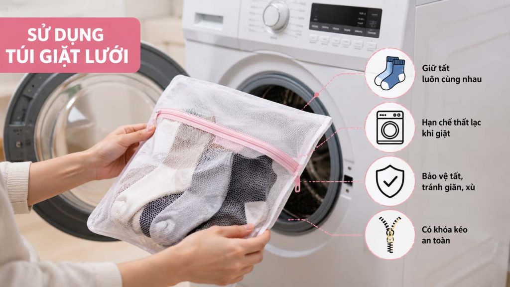 Túi giặt lưới giúp bảo quản tất không bị mất một chiếc trong máy giặt
