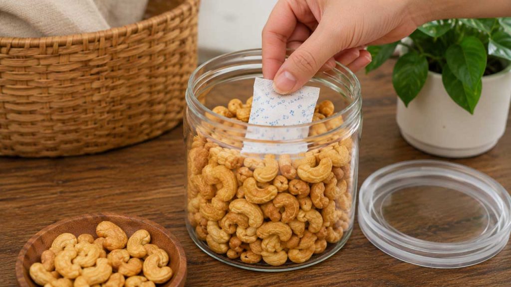 Sử dụng túi hút ẩm thực phẩm khi bảo quản hạt điều