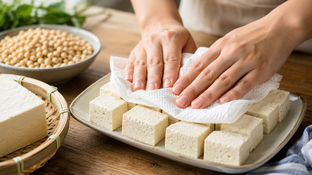 Thấm khô đậu hũ trước khi chiên giúp đậu hũ giòn hơn