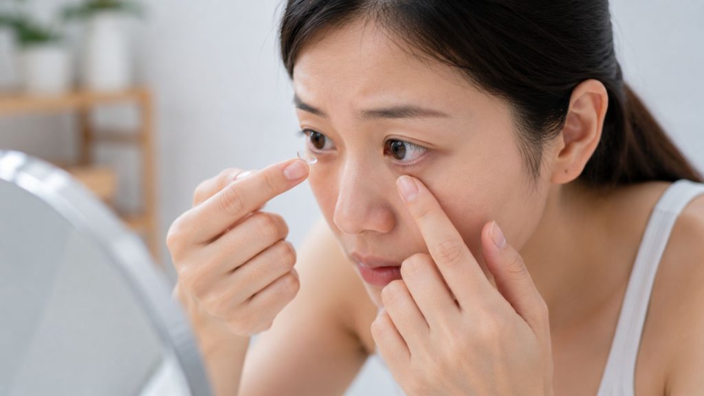 Tháo kính áp tròng nếu đang sử dụng khi bụi bay vào mắt để giảm kích ứng