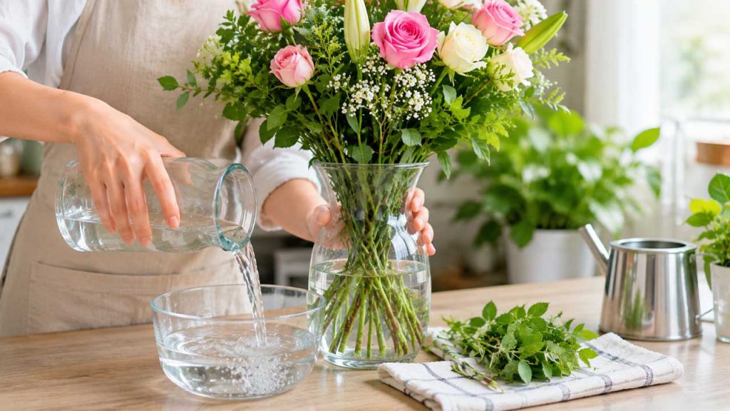 Người đang thay nước sạch cho bình hoa trong nhà