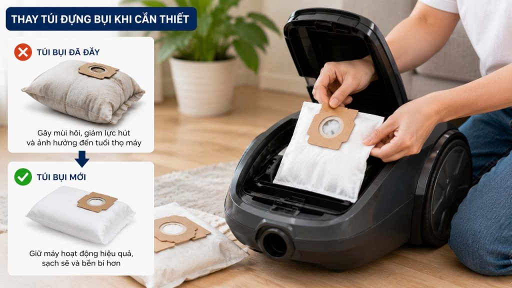 Thay túi đựng bụi giúp khử mùi hôi và tăng hiệu quả máy hút bụi